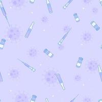 Purple dreamy seamless pattern of virus vaccine with bottles syringes and ampules. Vector EPS 10