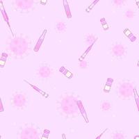 Pink dreamy seamless pattern of virus vaccine with bottles syringes and ampules. vector