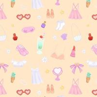 Seamless pattern of 90s summer girl elements. Accessories, fashion, food and cosmetics on yellow background. vector