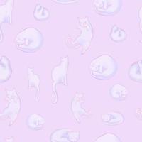 Seamless pattern with soft cute pastel cats on purple background. Vector EPS 10