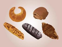 conjunto de cinco panes y bollos de pastelería de panadería. vector eps 10