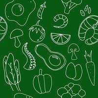 Keto food white line art seamless pattern on green background. vector