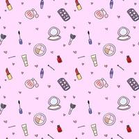 Seamless pattern with sketchy cosmetics and hearts vector