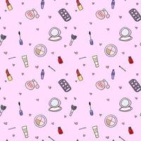 Seamless pattern with sketchy cosmetics and hearts vector