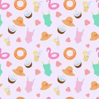 Seamless pattern of summer beach elements on pink background. vector