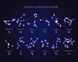 Set of isolated shiny astrology zodiac constellations with signs vector