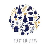 Hand drawn set of Christmas elements in blue and gold on white vector