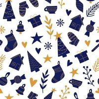 Hand drawn seamless pattern with Christmas elements in blue and gold on white vector