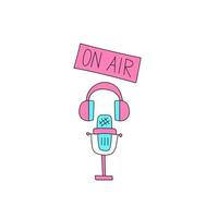 Microphone, headphones, a sign on air. Hand-drawn style in pink and blue vector
