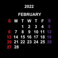 February 2022 , Calendar template design over black background. Week starts on Sunday. vector