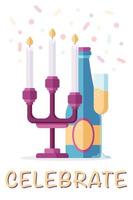 postal de Navidad con un candelabro con velas, una botella de champán y una copa de vino espumoso en un estilo plano aislado en un fondo blanco. vector