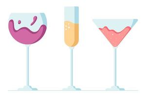 Set with glass cocktails, wine, champagne and vermouth, celebrate, cheers and drinking alcohol cocktails. Cartoon vector illustration in flat style.