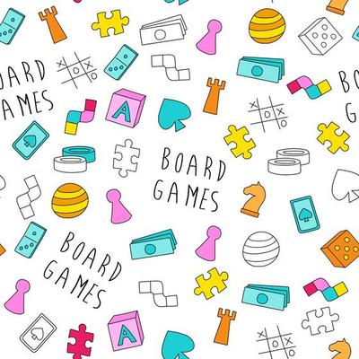 Board game themed seamless pattern. Colorful cartoon game pieces, playing cards