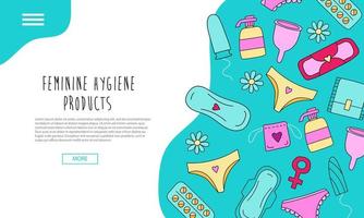 Hand drawn landing page with feminine hygiene products with colorful elements vector