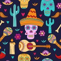 Seamless pattern for Dia de los muertos and Halloween. Sugar skulls on dark blue vector