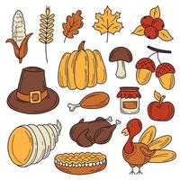 conjunto de dibujos animados dibujados a mano de tema de otoño de acción de gracias vector