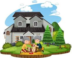 Elderly couple and their dog in front of the house vector