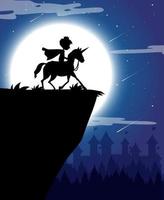 Silhouette knight riding unicorn with full moon background vector