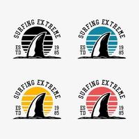 logo design surfing extreme est 1985 with shark fins vintage illustration vector