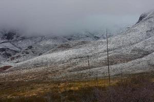 Franklin Mountains on the Westside of El Paso, Texas, covered in snow looking towards Trans Mountain Road photo