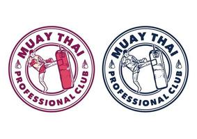 diseño de logotipo club profesional de muay thai con hombre artista marcial muay thai pateando saco de boxeo ilustración vintage vector