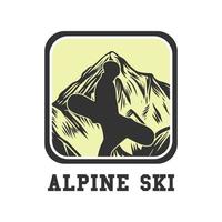 diseño de logotipo esquí alpino con silueta hombre sujetando snowboard ilustración plana vector