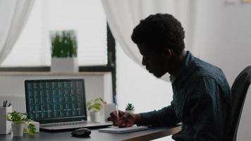 Afro-Amerikaanse man die cryptovaluta-aandelenmarkten analyseert en de tickerindex controleert video