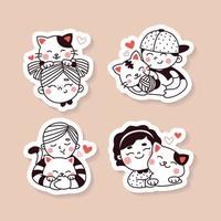 Cute Kids Playing with Their Cats Sticker vector