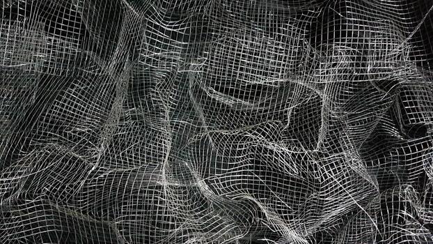 Crumpled mesh. Abstract background. Metal mesh with shadow on a black background. The surface of a large roll is damaged by wire mesh. photo