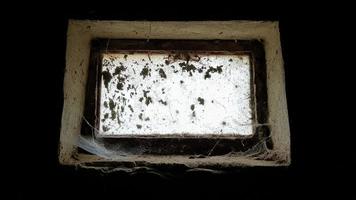 a small rectangular dirty and dusty web window in a large basement. White light penetrates the dark basement. photo