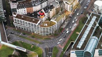 Dusseldorf, Germany - February 20, 2020. Scenic view of the city, the embankment of the Rhine river. Aerial view of a European city. Aerial view of a drone. Panorama. photo
