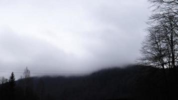 Autumn rain and fog on the mountain hills. Misty autumn forest covered with low clouds. Ukraine. Spruce forest trees on the hills of mountains sticking through the morning fog over autumn landscapes. photo