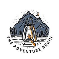 The adventure begin with classic lantern and mountain vintage illustration vector