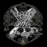 Barbero corta y afeita el logotipo e ilustración clásicos ornamentales de la vendimia vector