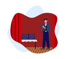 the magician performs on stage with mysterious box and rabbit flat design illustration vector