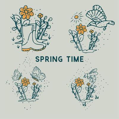 Spring time with flower, boots, butterfly and bee vintage hand drawn illustration