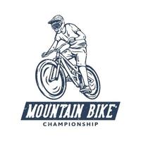 Diseño de logotipo Campeonato de bicicleta de montaña con ilustración vintage de ciclista de montaña vector