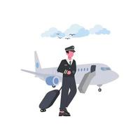 a pilot who was walking towards the stairs of the plane to be driven with a suitcase flat design illustration vector