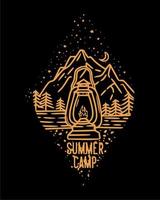 summer camp at night in the mountains with classic lit lanterns vintage illustration vector