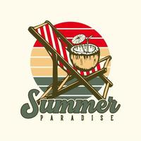 diseño de logotipo paraíso de verano con jugo de coco en la silla de playa ilustración vintage vector
