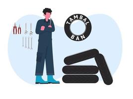 a mechanic prepares to repair a car's wheels by holding the key in his hand and several other keys behind it flat design illustration vector