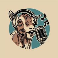 the goat singing with a headset in its ear and a microphone in front of its mouth against a blue background circle vintage illustration vector