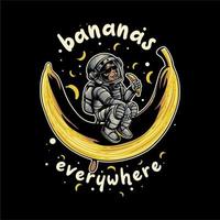 t shirt design bananas everywhere with monkey in a spacesuit peels a banana on the big banana vintage illustration vector