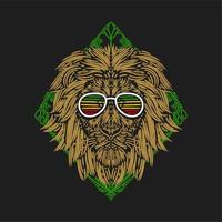 vector illustration the lion's head wears glasses against a background of green rectangular ornaments vintage engraving