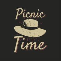 diseño de camiseta tiempo de picnic con sombrero y fondo negro ilustración vintage vector