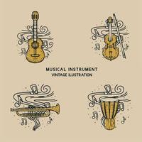 Classic musical instrument Guitar, drum, trumpet and violin vintage illustration