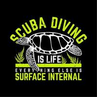 t shirt design scuba diving is life everything else is surface internal with turtle and black background vintage illustration vector