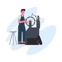 a mechanic is repairing the wheel slabs with a measuring instrument flat design illustration vector