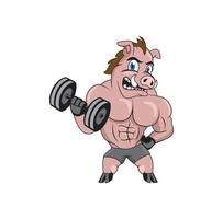 Pig fitness bodybuilder cartoon character design illustration vector