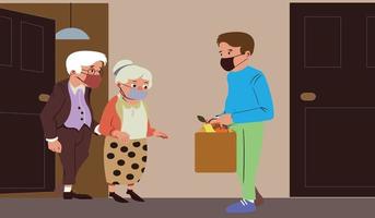 Young man giving a bag of groceries to elderly couple. Shopping help and delivery service. Volunteer support seniors during coronavirus outbreak. Vector illustration in flat cartoon style